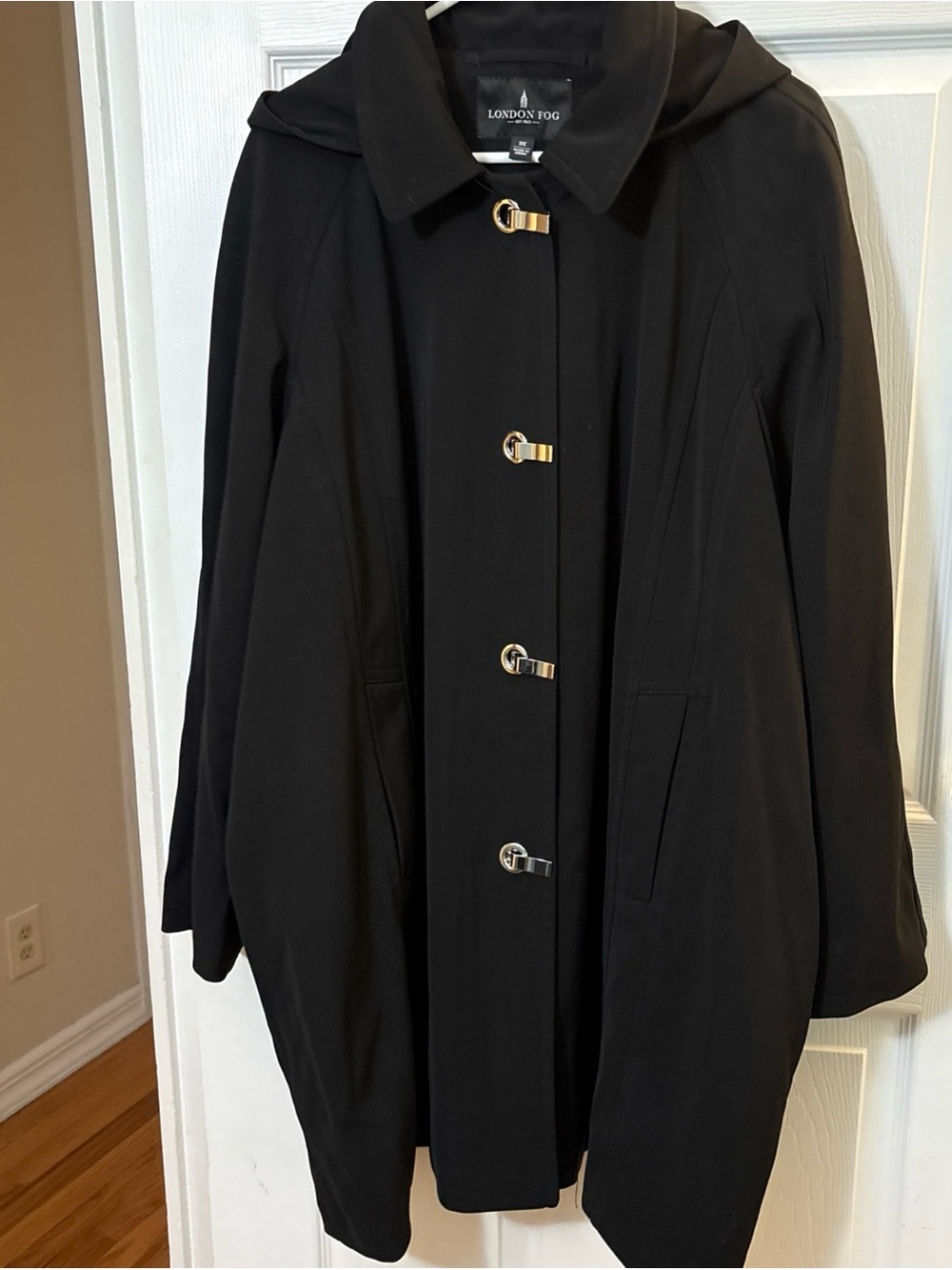 London Fog Black Hooded Toggle Trench Coat